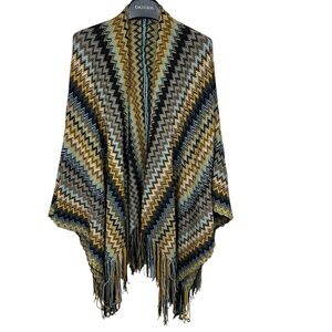 Boho chevron knit‎ fringe poncho shawl in mustard brown teal and cream tones